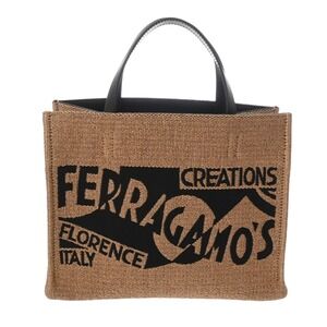 SALVATORE FERRAGAMO Logo Tote Bag Miele Black Raffia Leather